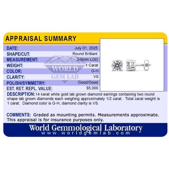 1 CT Lab Grown Diamond Stud Earrings 14K Solid Gold White G VS NWT Appraisal - Picture 6 of 7